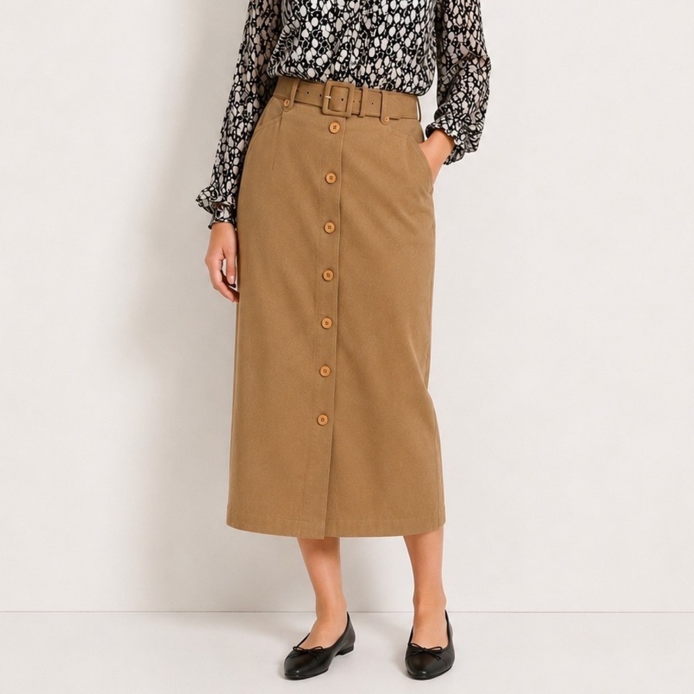 Minimalist Maxi Skirt Tan Button Front Belted High Waist Vintage USA 90s Size 10